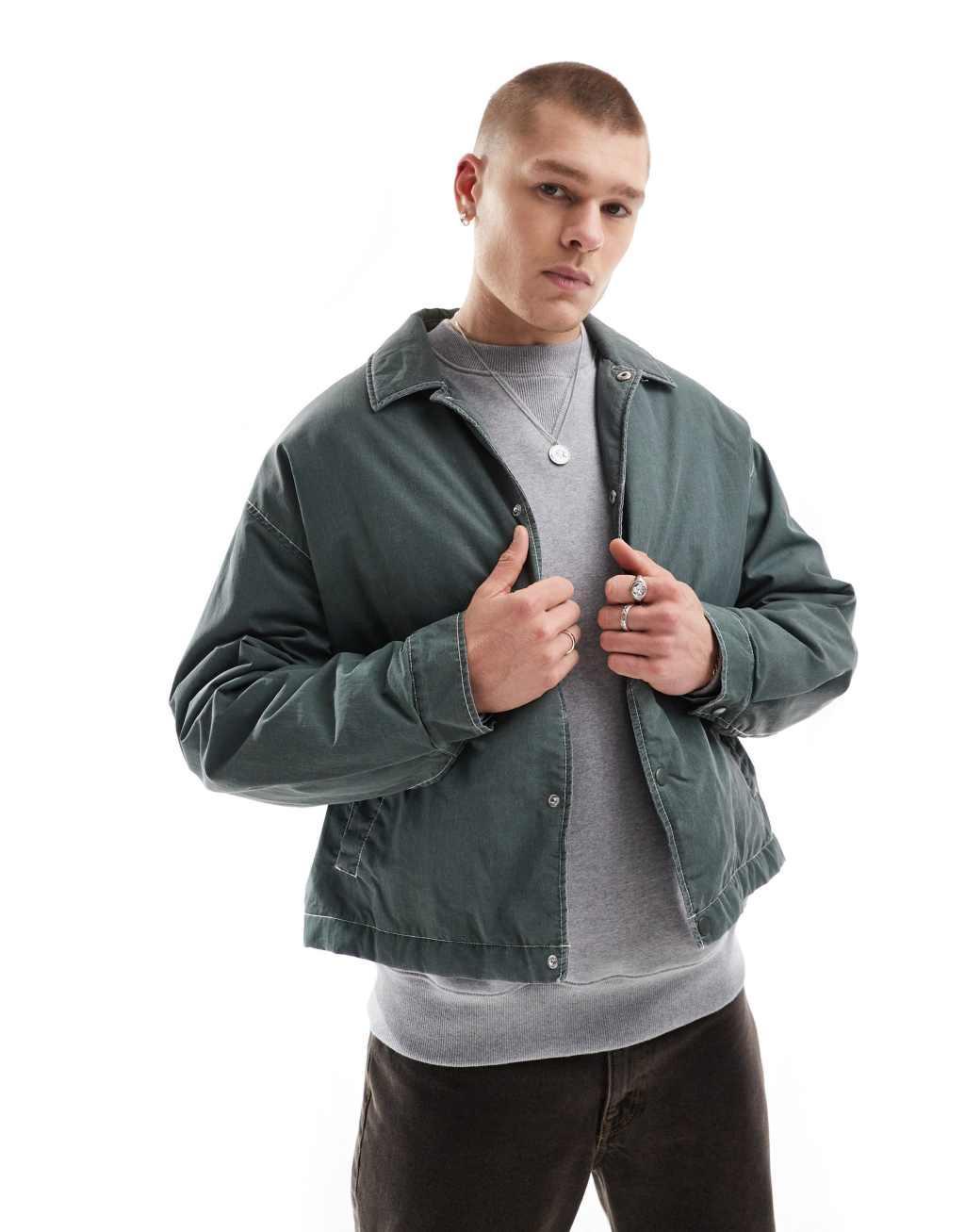 ASOS DESIGN oversized cropped jacket with contrast stitch and wash in green Product Image