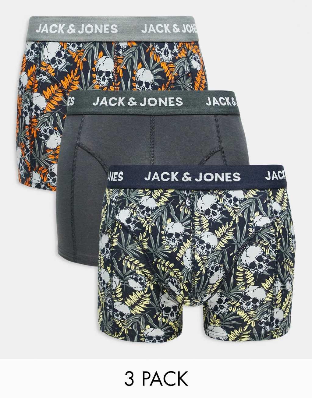 Jack & Jones 3 pack trunks in skull print in navy Product Image