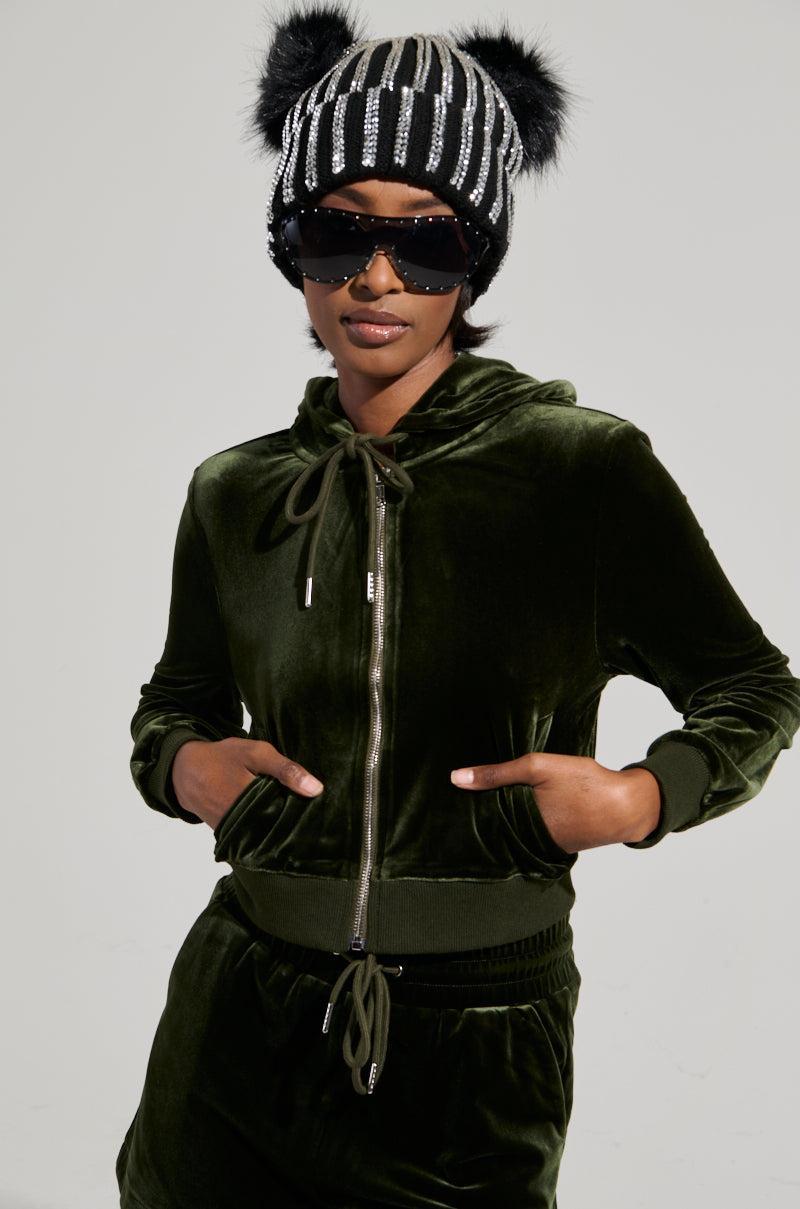 BRAT RHINESTONE VELVET OLIVE ZIP UP SWEATSHIRT Product Image