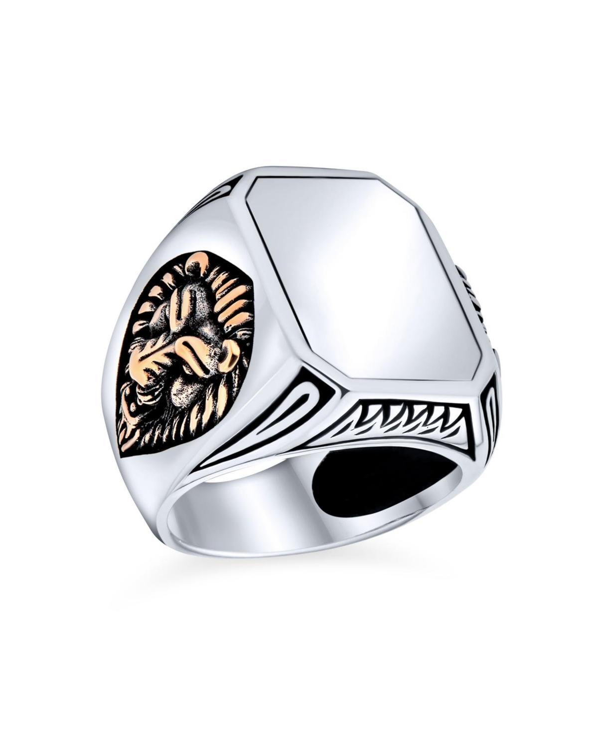 Bling Jewelry Big Statement Masculine King Of Jungle Rectangle Monogram Initial Signet Accent Lion Ring For Men Solid Oxidized Sterling Silver Handmad Product Image