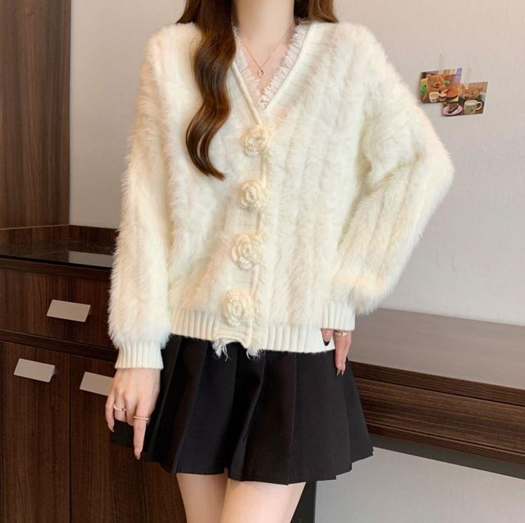 V-Neck Plain Floral Accent Fluffy Fringed Cardigan Product Image