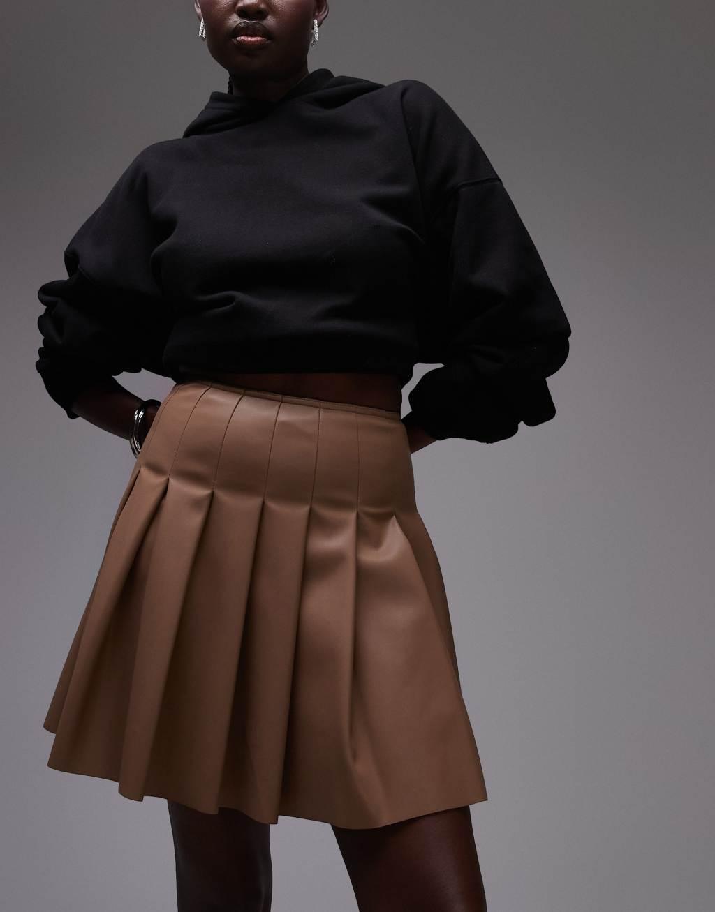 Topshop Tall faux leather clean pleat mini skirt in coffee Product Image