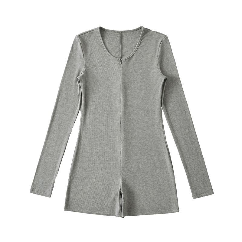 Long Sleeve Round Neck Plain Zip Romper Product Image