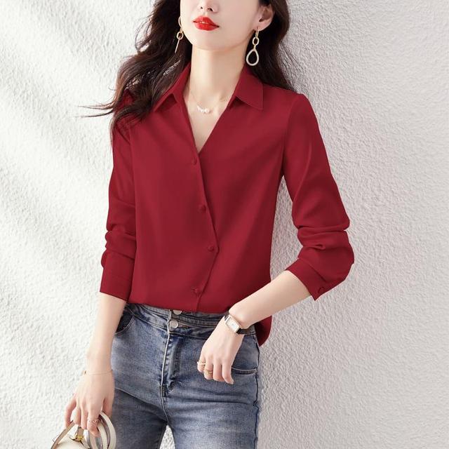 Long Sleeve Collared Plain Asymmetrical Button Shirt Product Image