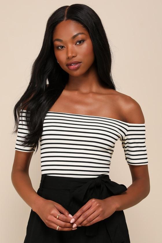 Poised Always Ivory Striped Off-the-Shoulder Bodysuit Product Image