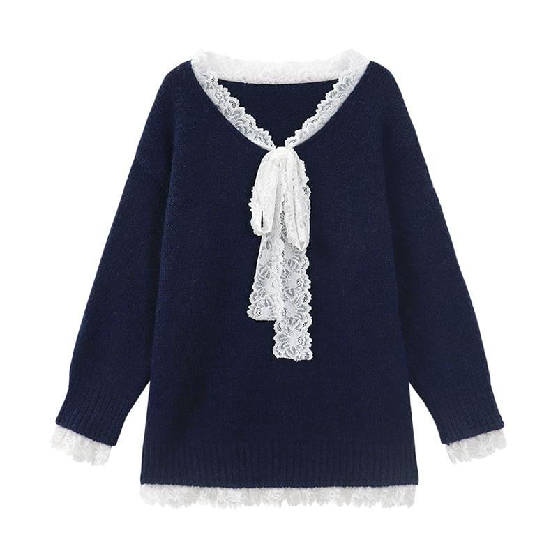 V-Neck Plain Lace Trim Oversized Sweater Product Image