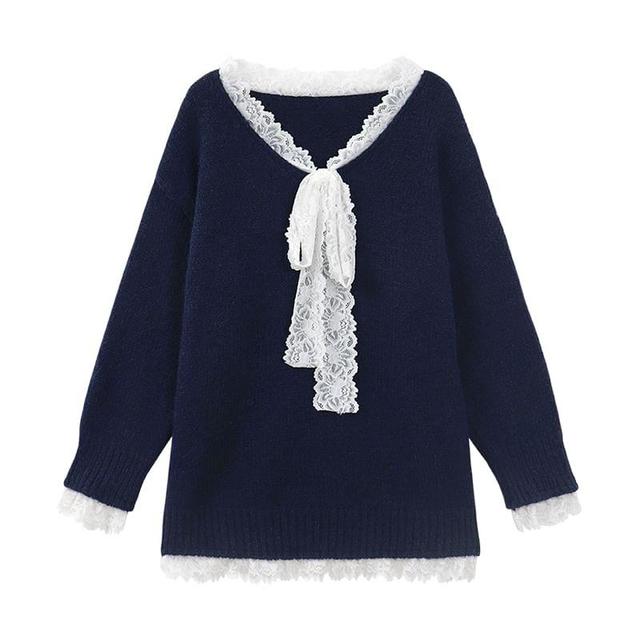 V-Neck Plain Lace Trim Oversized Sweater Product Image