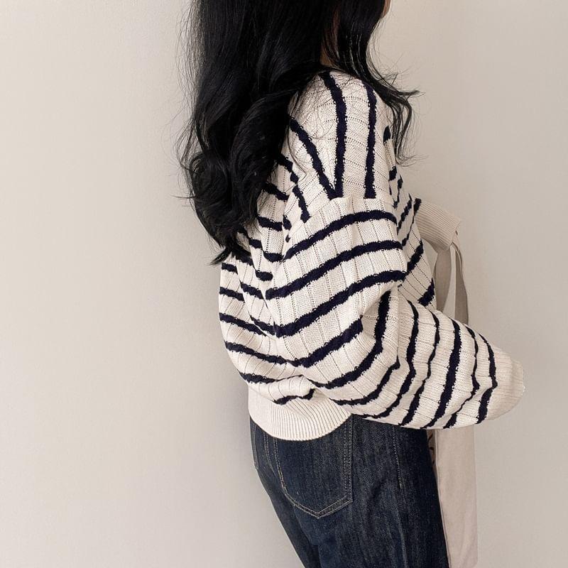 V-Neck Striped Ribbed Cardigan Product Image