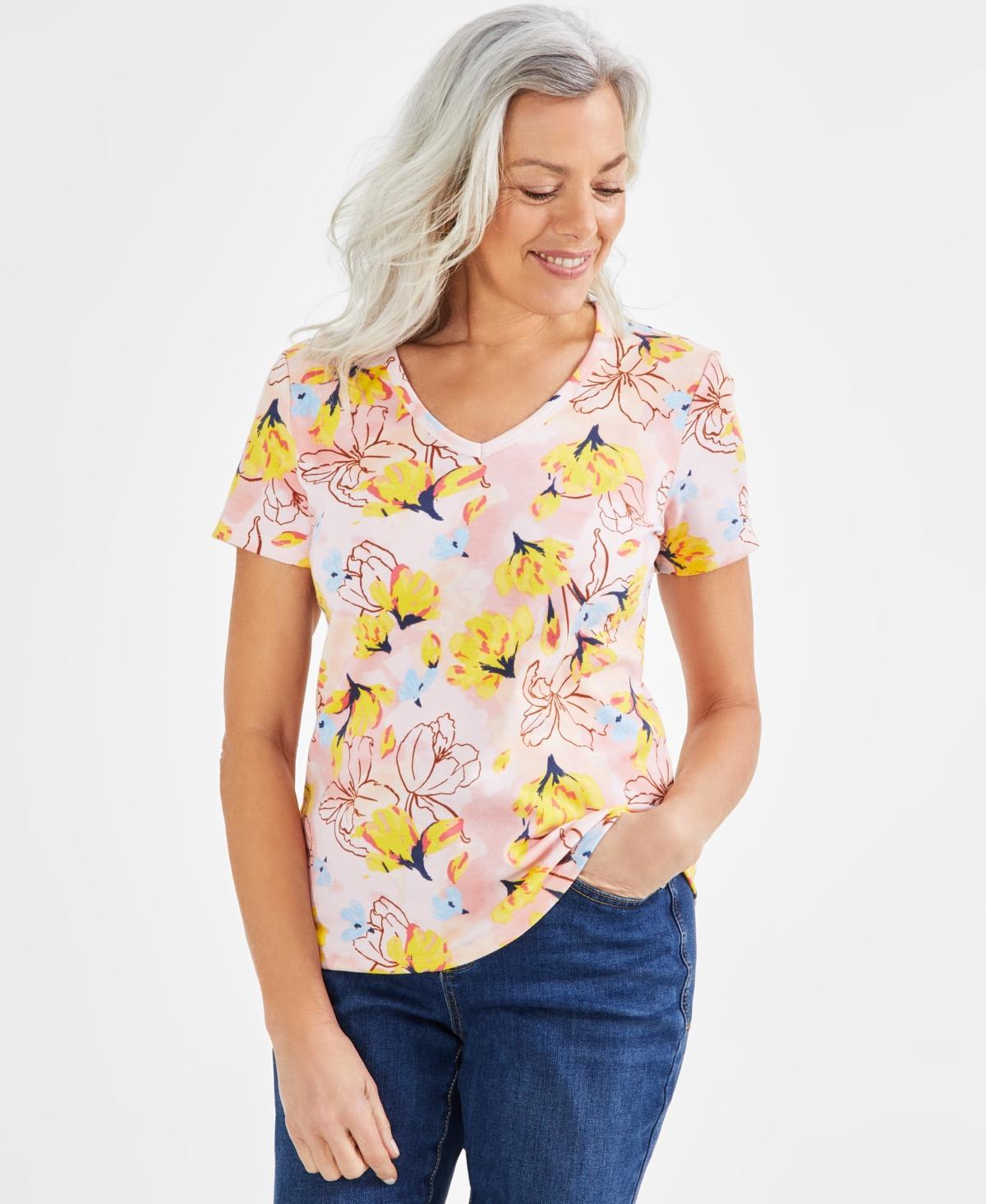 Style & Co Womens Short Sleeve Printed V-Neck Top, Created for Macys Product Image