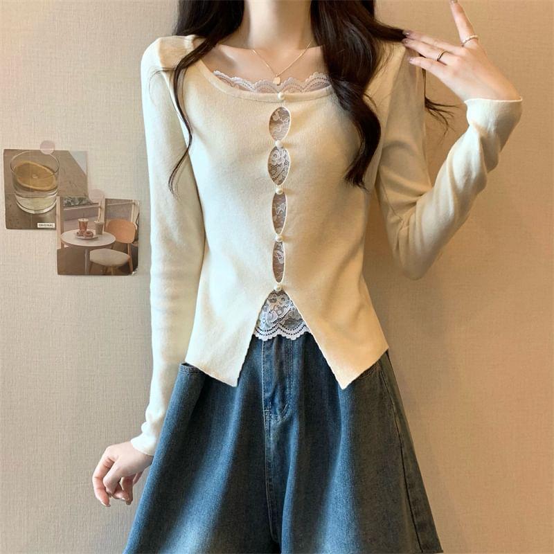 Mock Two-Piece Long-Sleeve Cutout Lace Panel Beaded Knit Top Product Image