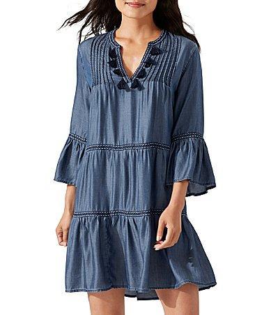 Tommy Bahama Embroidered Tier Dress (Chambray) Women's Swimwear Product Image