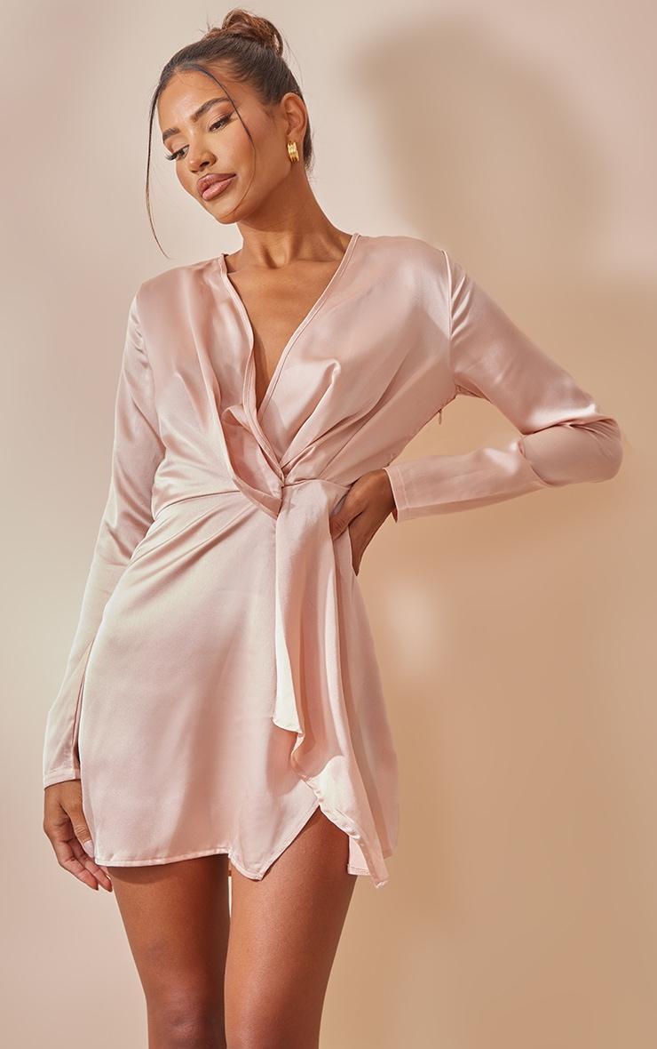 Nude Satin Long Sleeve Wrap Dress Product Image