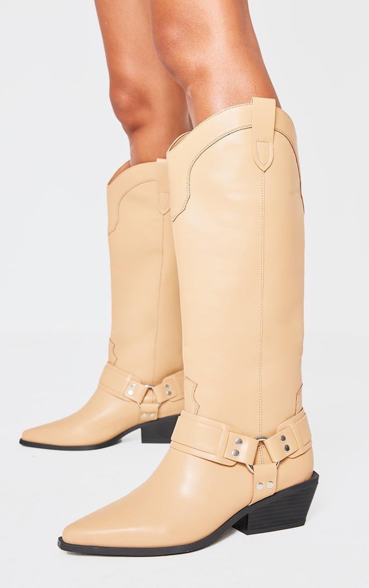 Beige PU Point Toe Buckle Harness Detail Knee High Western Boots product image