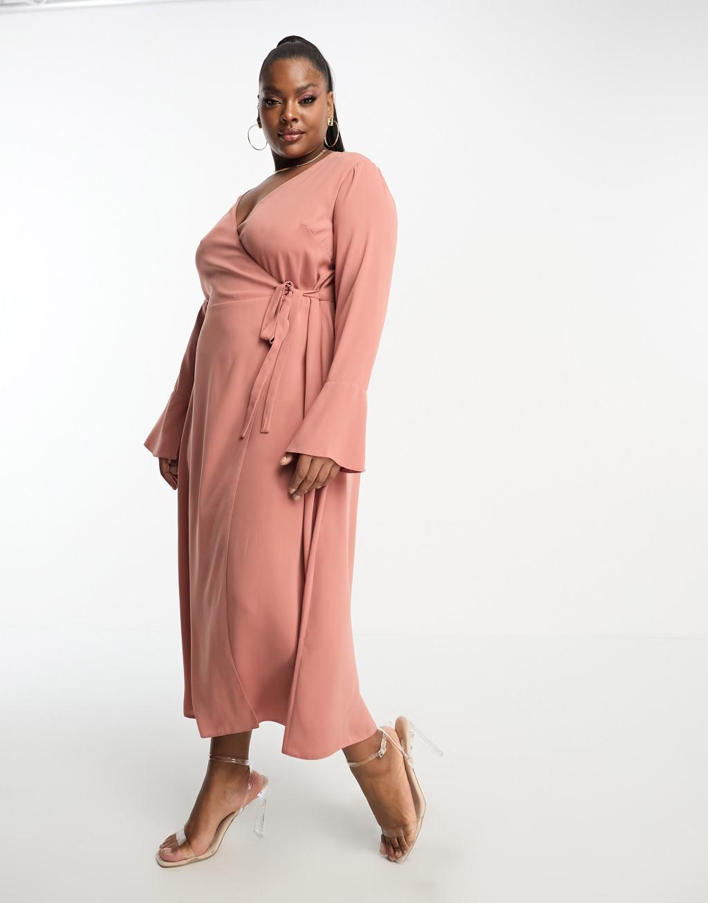 ASOS DESIGN Curve wrap midi dress with tie cuff detail Product Image