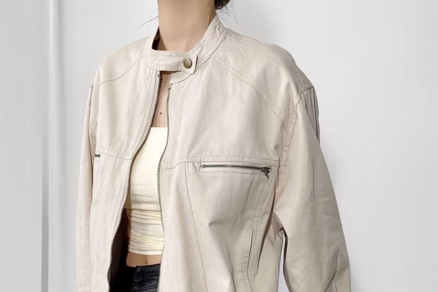 Stand Collar Plain Faux Leather Zip Jacket Product Image