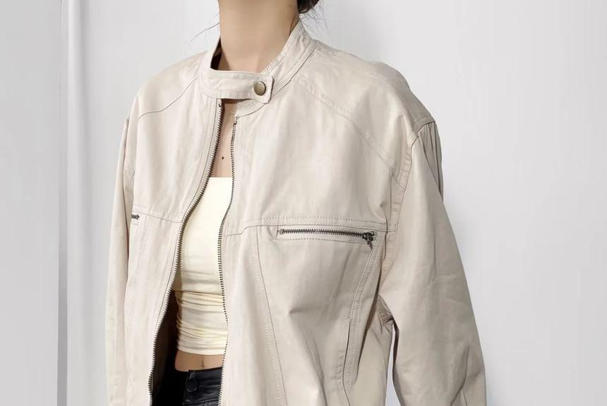 Band Collar Plain Panel Zip Jacket Product Image