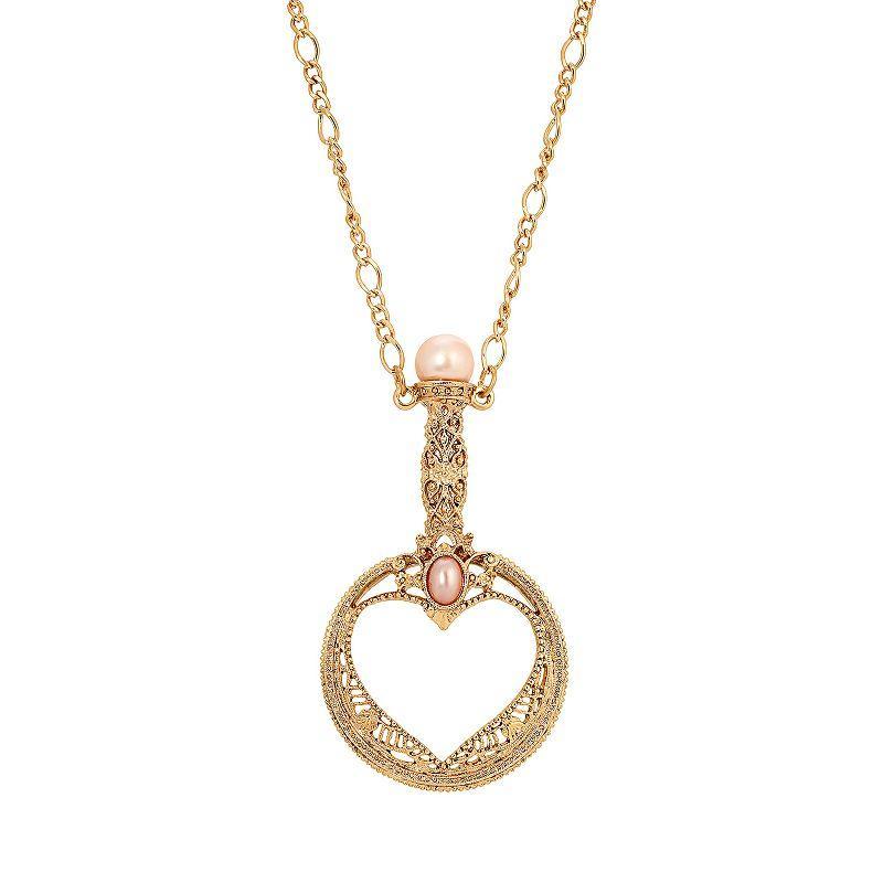 1928 Gold Tone Pink Pearl Magnifying Glass Necklace, Womens, Yellow Product Image