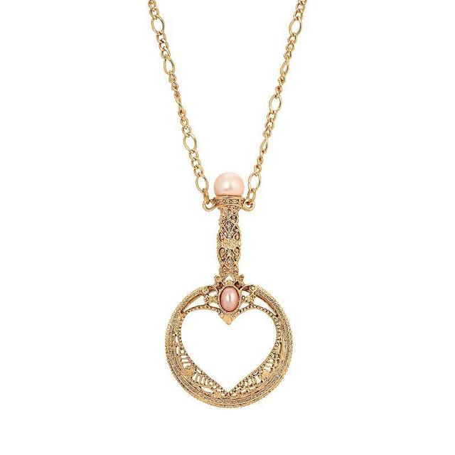 1928 Gold Tone Pink Pearl Magnifying Glass Necklace, Womens, Yellow Product Image