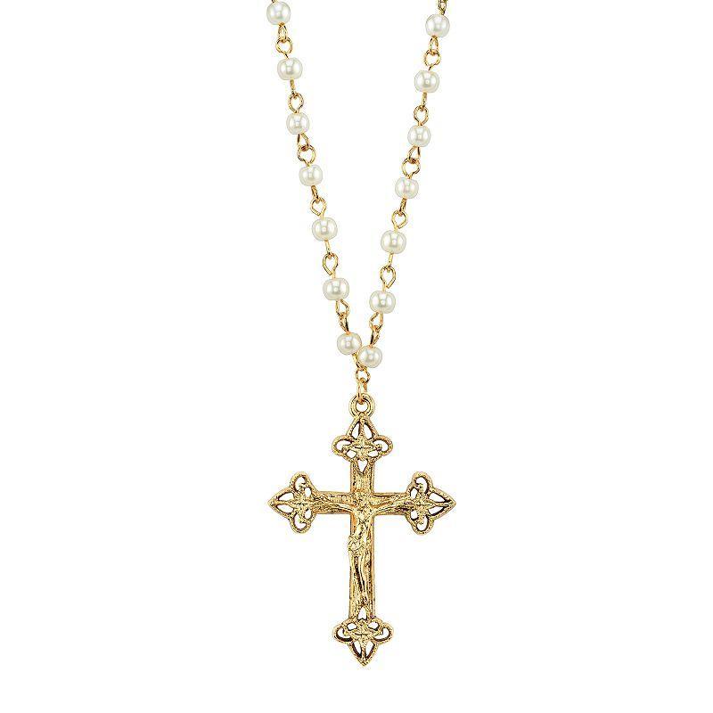 1928 14k Gold-Plated Simulated Pearl Crucifix Pendant Necklace, Womens Yellow Product Image