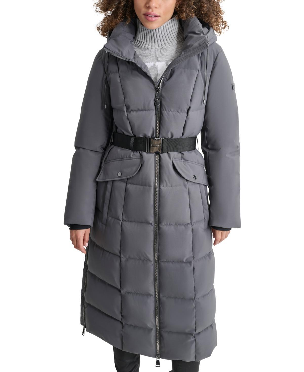 Dkny Womens Maxi Belted Hooded Puffer Coat Product Image