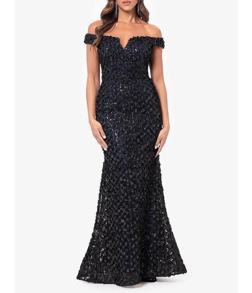 Xscape 3D Sequin Embroidered Split V-Neck Off-the-Shoulder Mermaid Gown Product Image