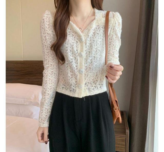 Long-Sleeve V-Neck Plain Lace Cropped Blouse Product Image