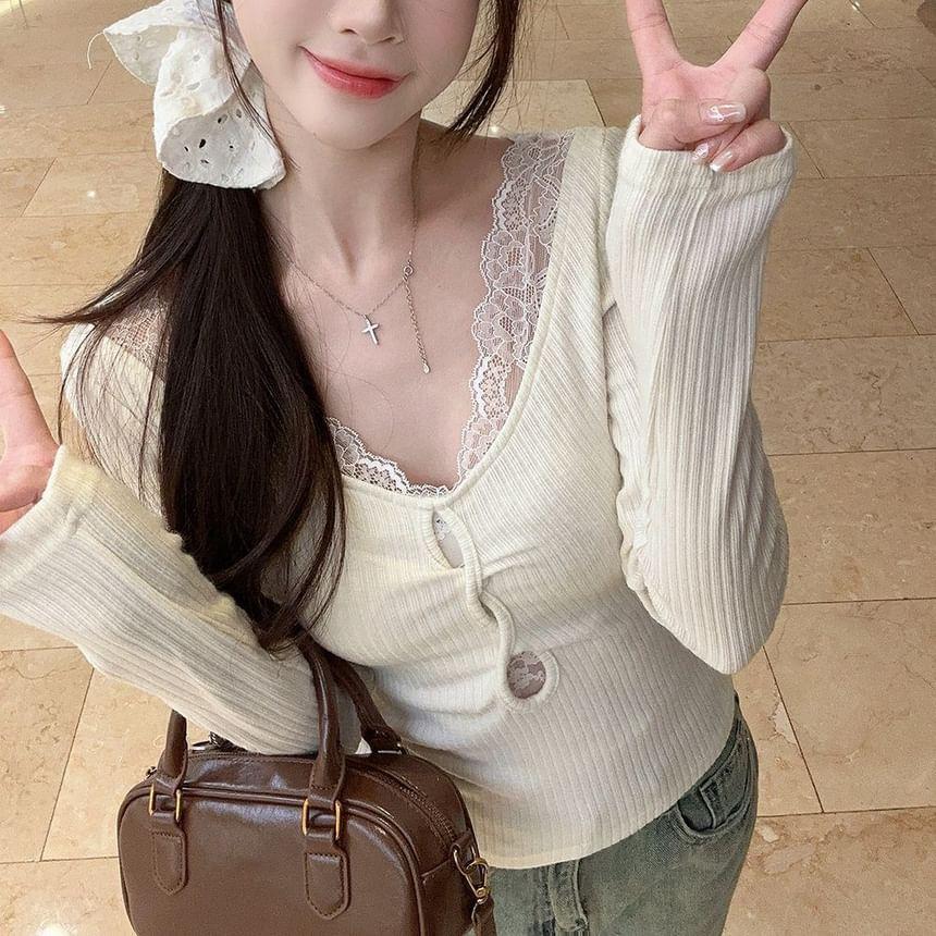 Long-Sleeve Scoop Neck Lace Trim Top Product Image