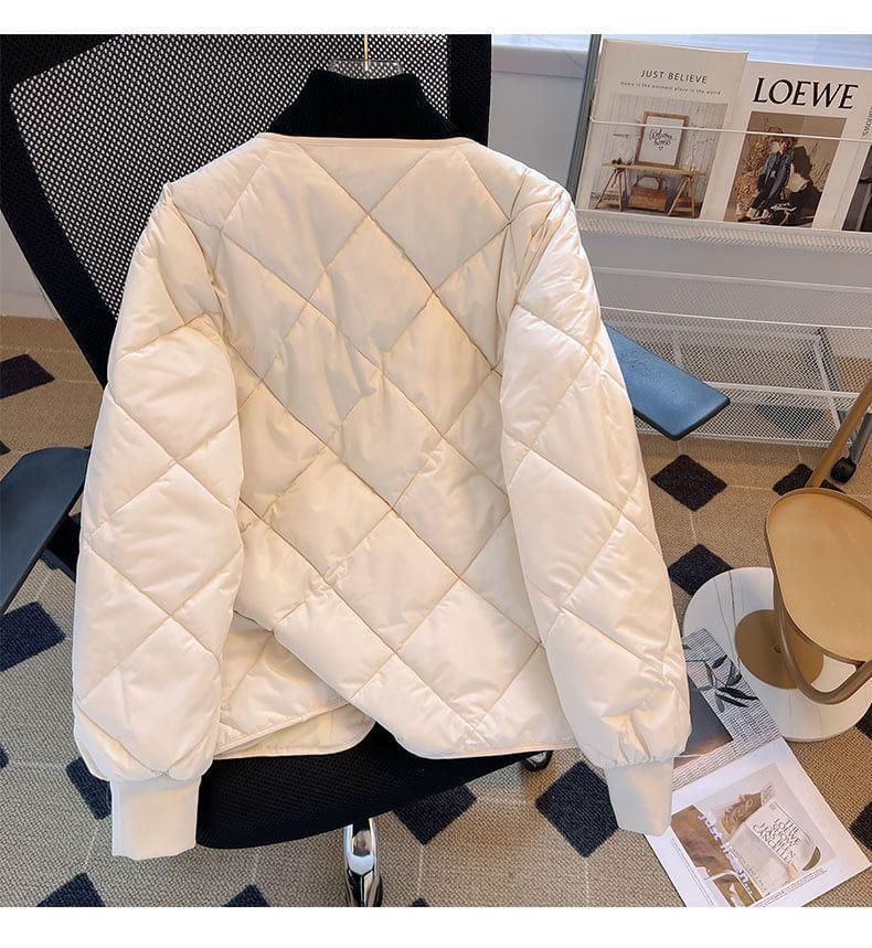 V-Neck Quilted Button-Up Jacket Product Image