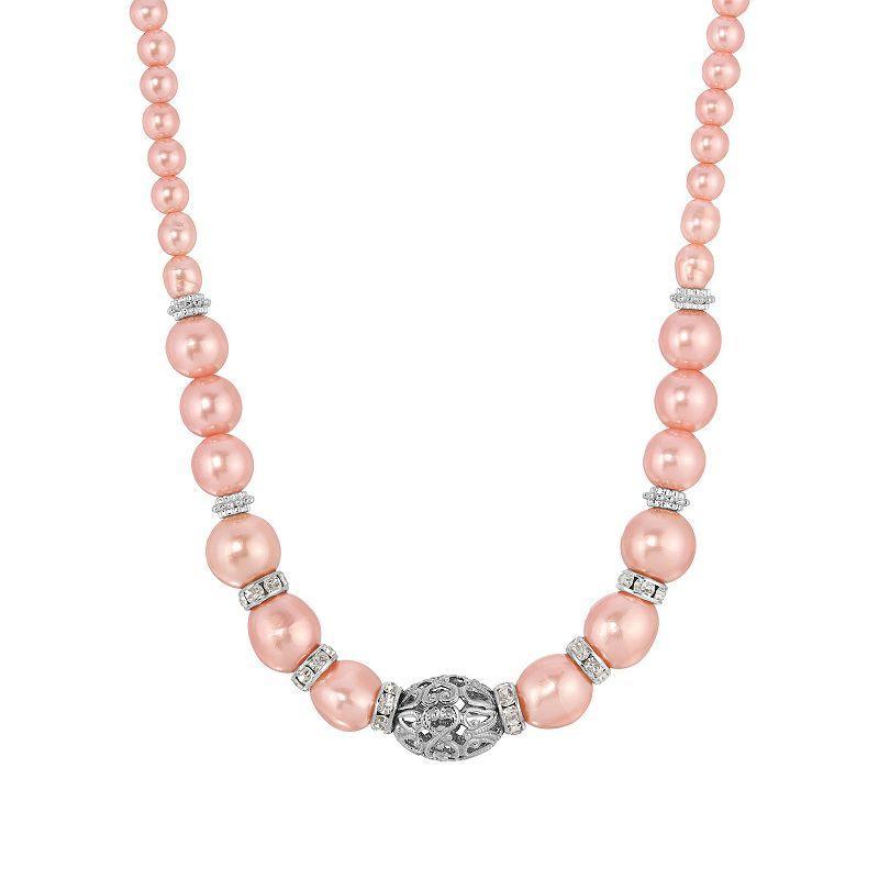 1928 Silver Tone Faux Pink Pearl Crystal & Filigree Necklace, Womens Product Image