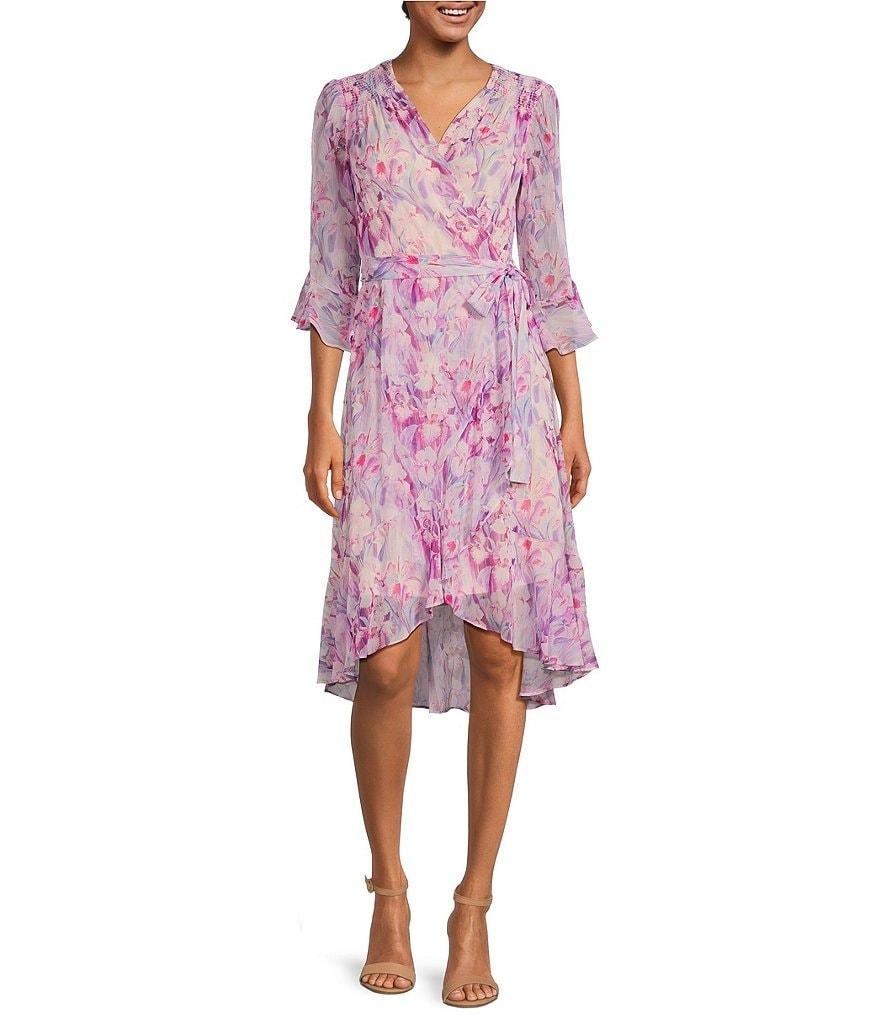 Adrianna Papell Watercolor Print 3/4 Ruffle Cuff Sleeve High-Low Hem Faux Wrap Dress Product Image