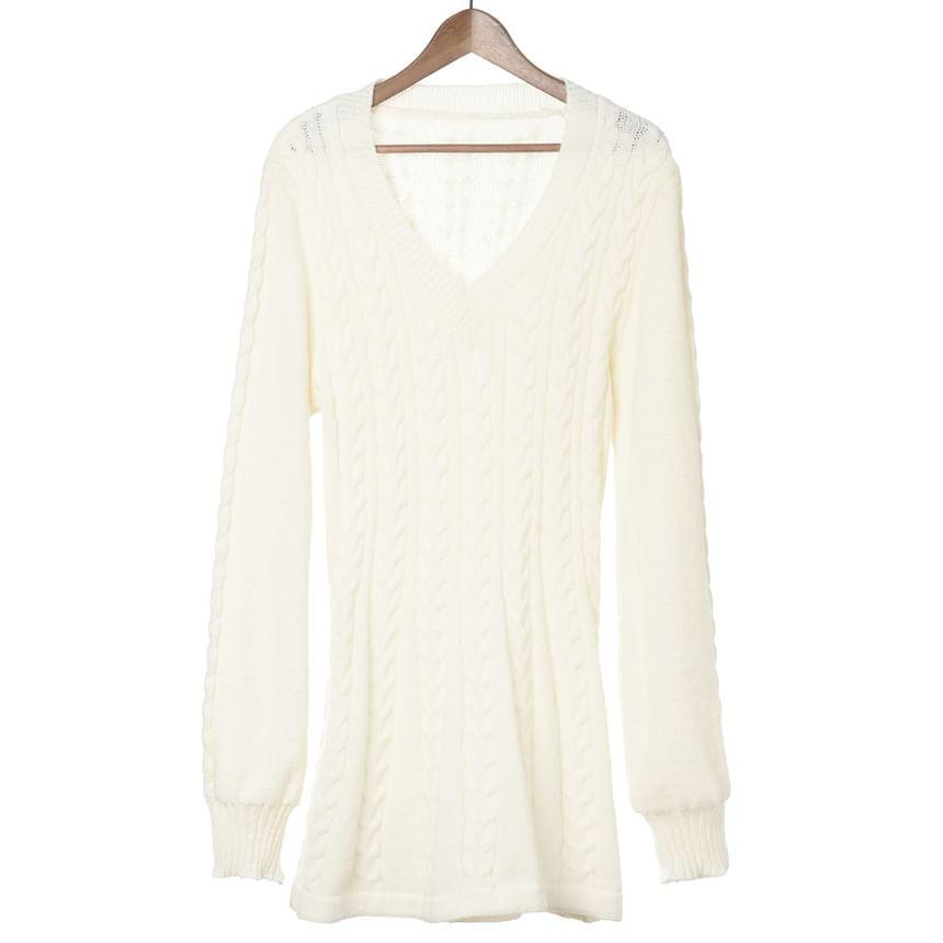 Long-Sleeve V-Neck Plain Cable Knit Mini A-Line Sweater Dress Product Image