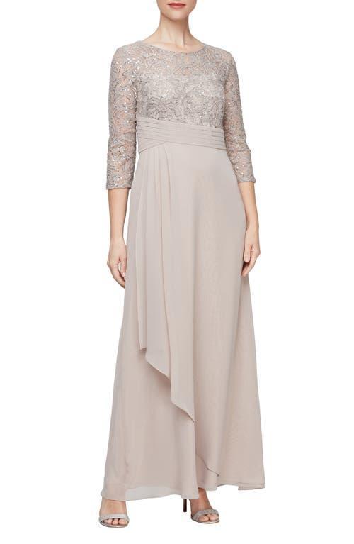 Alex Evenings Long Sequins Lace Empire Waist Dress (Buff) Women's Dress Product Image