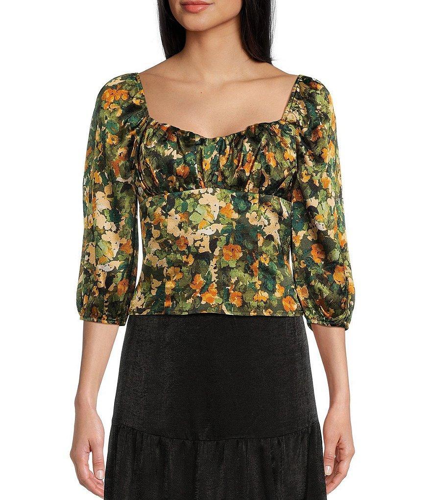 I.N. San Francisco 3/4 Puff Sleeve Sweetheart Neckline Floral Top Product Image