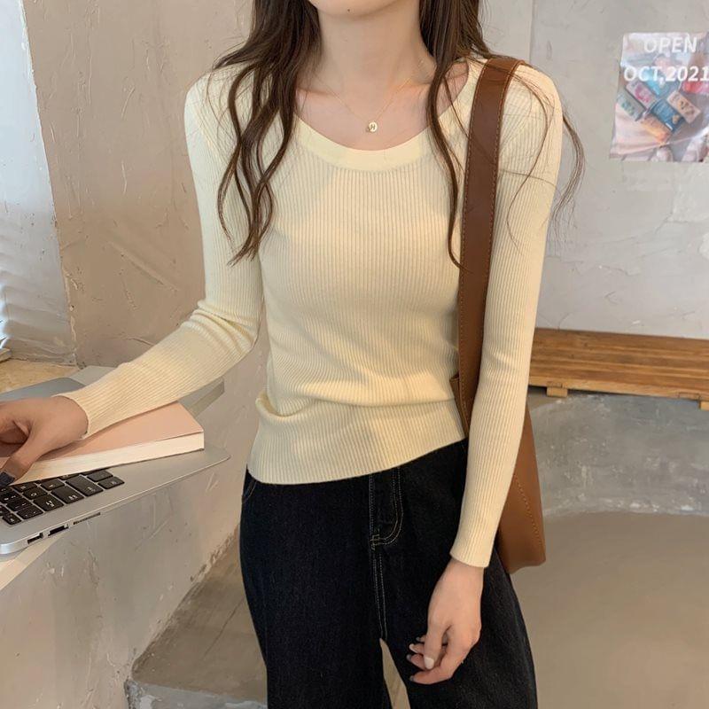 Long Sleeve Crew Neck Plain Ribbed Knit Top Product Image