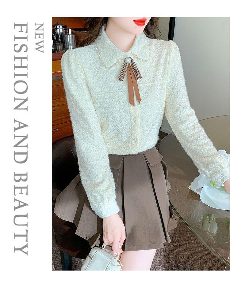 Long-Sleeve Ribbon Neck Lace Shirt Product Image