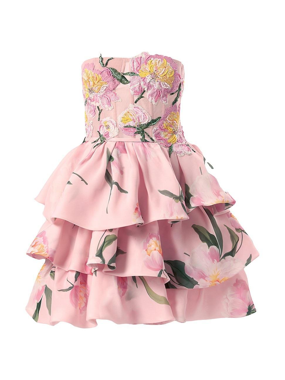 Womens Floral Silk Ruffled Minidress Product Image