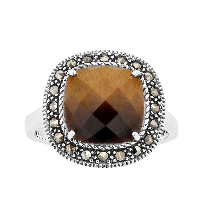 Lavish by TJM Sterling Silver Cushion Tigers Eye & Marcasite Ring, Womens Product Image