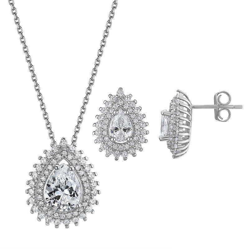 Sterling Silver Pear Cubic Zirconia Pendant Necklace & Stud Earring Set, Womens Product Image