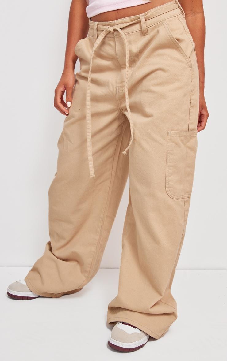 Taupe Tie Waistband Detail Wide Leg Jeans Product Image