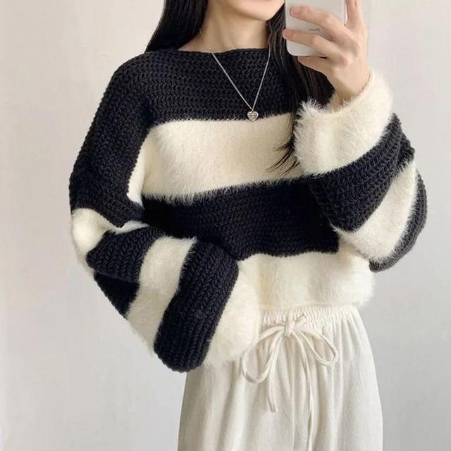 Boat Neck Striped Cropped Sweater Product Image