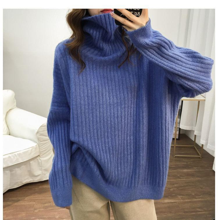 Turtleneck Plain Ribbed Oversized Sweater Product Image