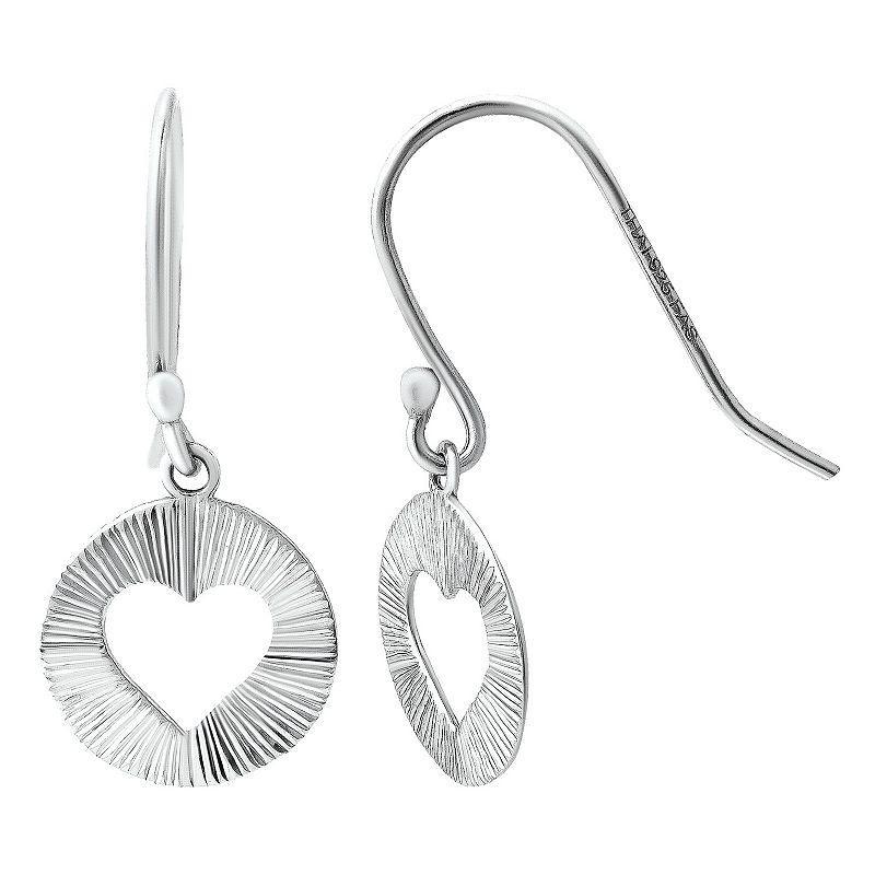 Aleure Precioso Textured Circle with Heart Cutout Center Fishhook Drop Earrings, Womens, Silver Product Image