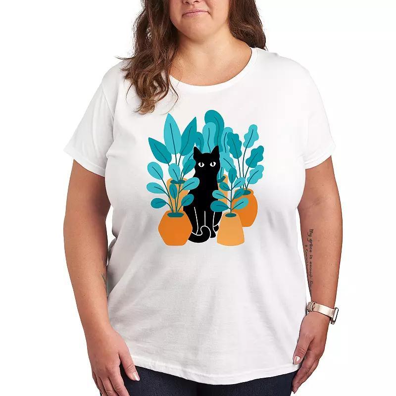 Plus Black Cat Plants Graphic Tee, Womens Beig/Green Product Image