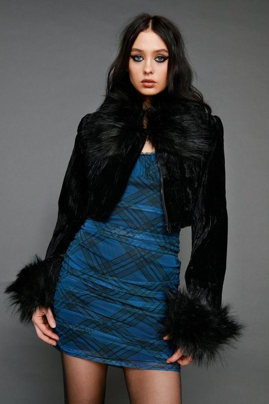 Faux Fur Trim Velvet Cropped Jacket Product Image