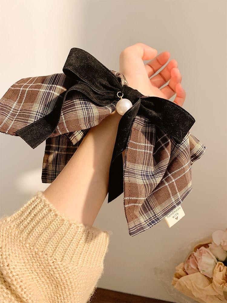 Plaid Bow Faux Pearl Scrunchie Product Image