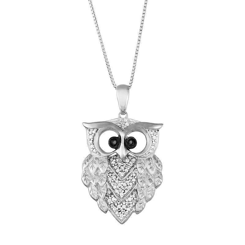 Sterling Silver 1/6 Carat T.W. Black & White Diamond Owl Pendant, Womens Product Image