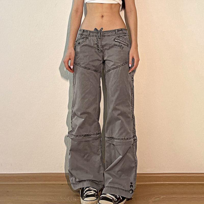 Low Waist Lettering Embroidered Straight-Fit Wide-Leg Cargo Pants Product Image