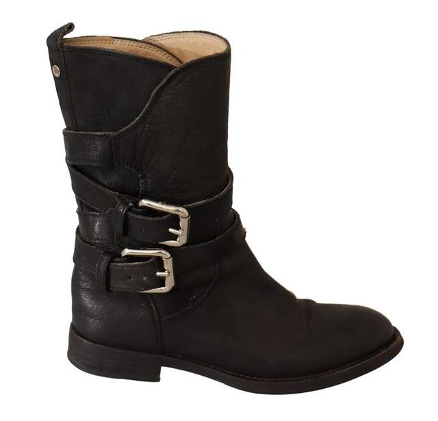 Black Leather Buckle Mid Calf Boots Shoes Product Image