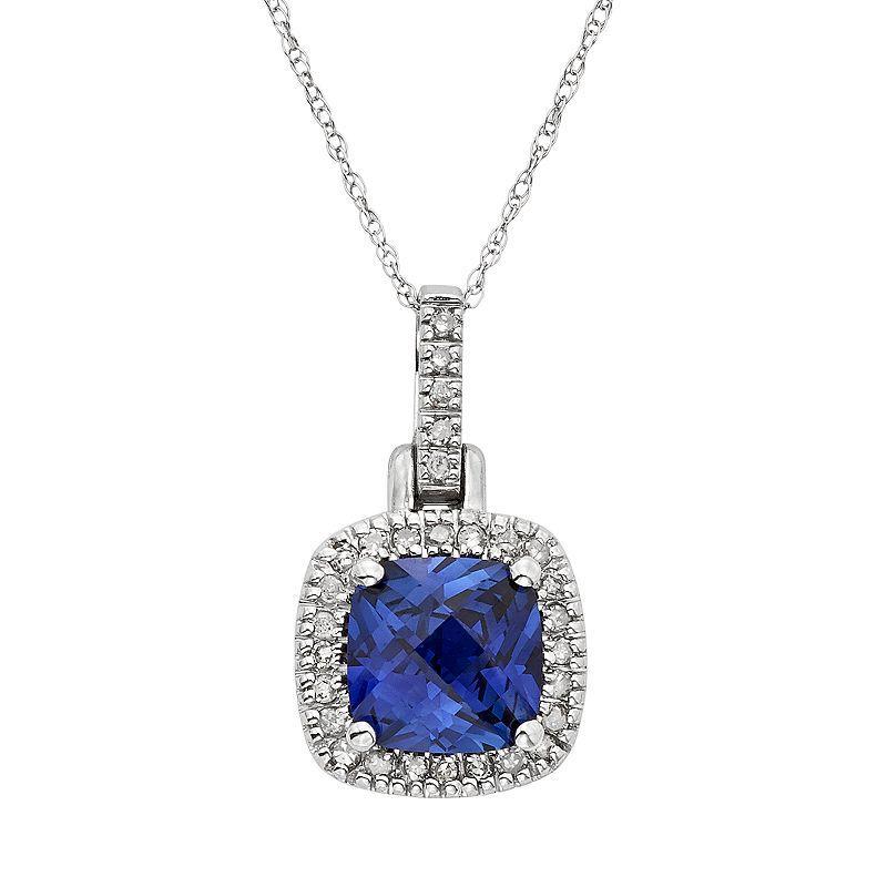 Lab-Created Sapphire & 1/8 Carat T.W. Diamond 10k White Gold Halo Pendant Necklace, Womens Blue Product Image