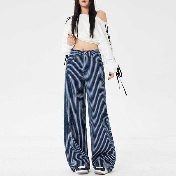 High Rise Striped Wide Leg Pants (Various Designs) Product Image